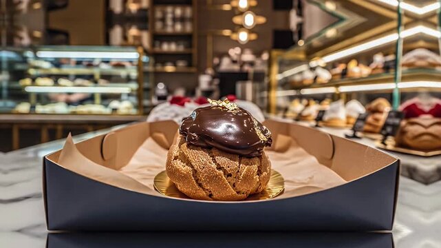 A chocolate &eacute;clair shines with glossy topping in a bakery display