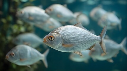 Fototapeta premium A school of shimmering silver fish gracefully swims in clear blue underwater