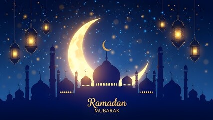 Ramadan mubarak greeting with mosque silhouette, glowing crescent moon, and starry night sky