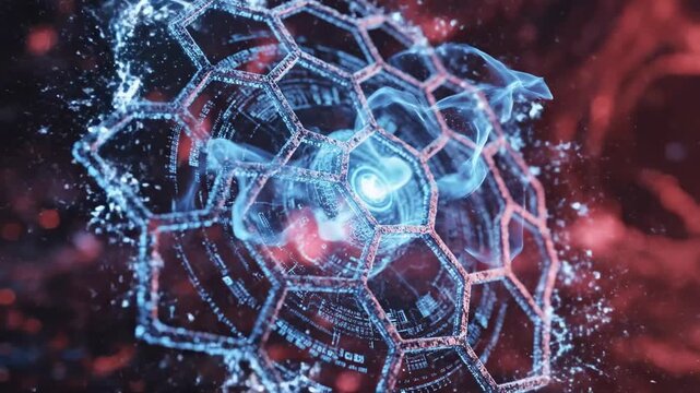 A glowing blue molecular structure with a hexagonal lattice surrounded by glowing red energy