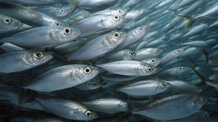 A dense school of silver fish swims in synchronized motion underwater showcasing the beauty of marine life