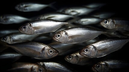 Obraz premium A dramatic close up of a shimmering shoal of silver fish swimming in unison underwater