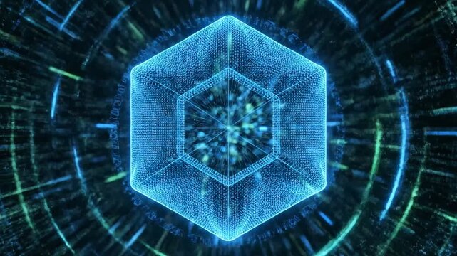 A futuristic, glowing blue dodecagon surrounded by abstract, neon-lit patterns