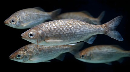 Naklejka premium A school of silver fish glides gracefully through dark clear water their scales shimmering
