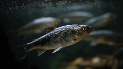 Obraz premium A close up of a silvery fish with detailed scales swimming in dark murky underwater depths with other blurred fish in the background