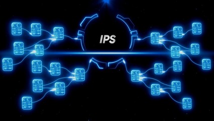 I P S network diagram with glowing blue servers and connections