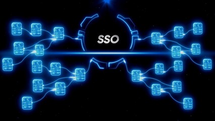 Obraz premium Single Sign On S O system with connected devices and glowing blue lines on black background login authentication