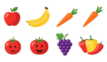 All fruits and vegetables vector icon set flat illustrations emojis and stickers isolated on transparent background