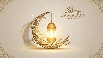 Elegant ramadan mubarak greeting with golden crescent moon and glowing lantern design