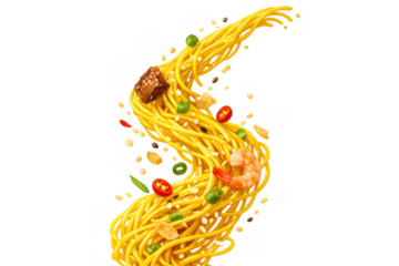 Flying stir-fried asian noodles with shrimp, meat, and vegetables on a transparent background