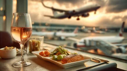 Gourmet Food and Glass of Wine on Table with Airplane in Background at Restaurant with Scenic View