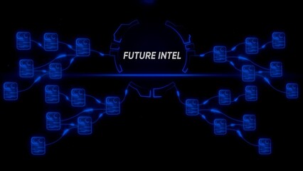 Blue Neon Future Intel Network Diagram on Black Background glowing blue lines © SR