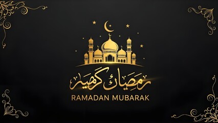 Golden ramadan mubarak greeting with a beautiful mosque silhouette and celestial elements on black background