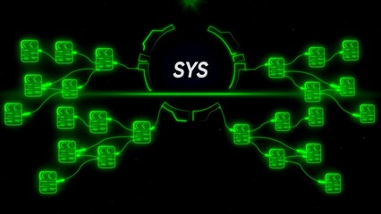 Obraz premium Neon green computer network diagram with S Y S hub and connected servers on black background