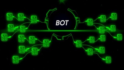Obraz premium Neon green bot network with glowing connections and servers