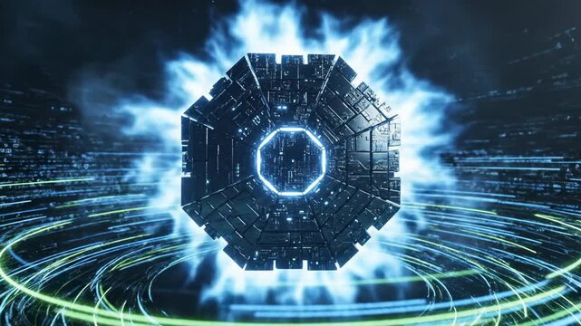 A futuristic black dodecagon object with glowing blue center and sparks, surrounded by swirling green and blue lines