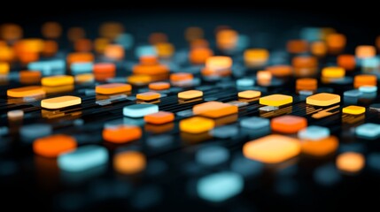 Abstract digital landscape with colorful geometric shapes illuminated by soft glowing lights creating a vibrant and dynamic visual experience