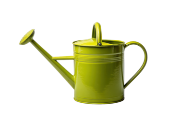 Bright green metal watering can with a long spout and handle garden