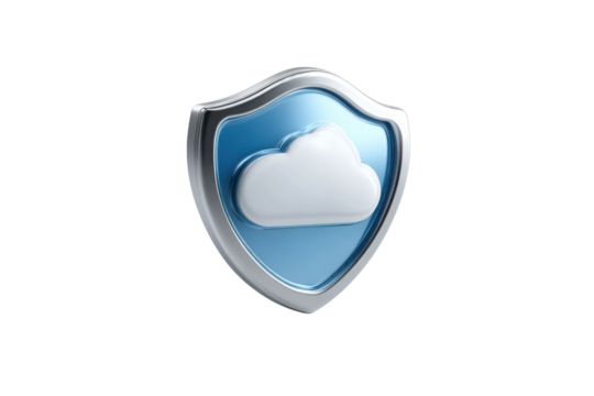 Blue shield with white cloud icon and silver metallic border on black protection security - Powered by Adobe