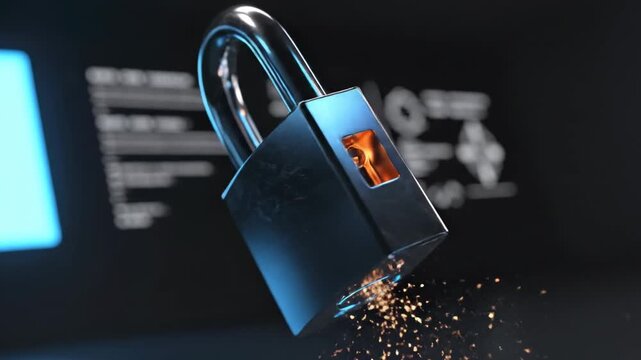 A metallic padlock with sparks flying from its broken shackle, set against a dark background with blurred coding elements