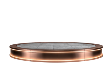 Circular copper stage with concrete floor and illuminated border on black podium round