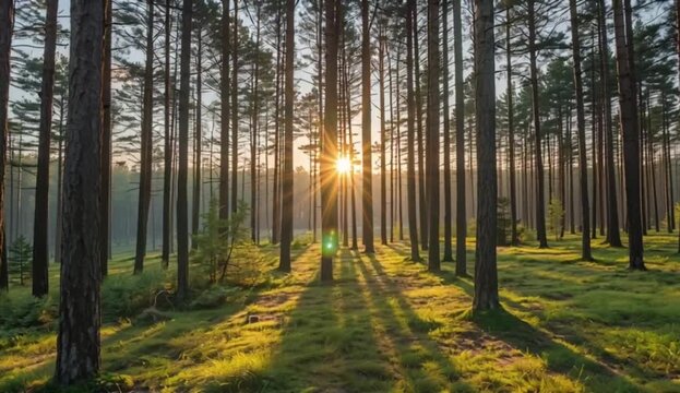  A serene forest with pine trees, casting long shadows on the forest floor, created with generative ai