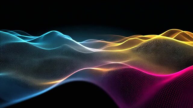 Abstract landscape formed by tiny colorful dots on a dark background creating a sense of depth and movement