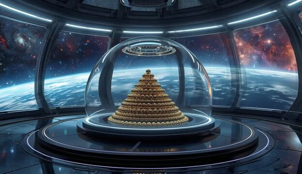 A futuristic space station interior containing a pyramid-shaped arrangement of illuminated gold spheres., created with generative ai