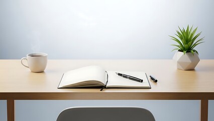 Minimalist Office Desk with Notebook and Coffee.