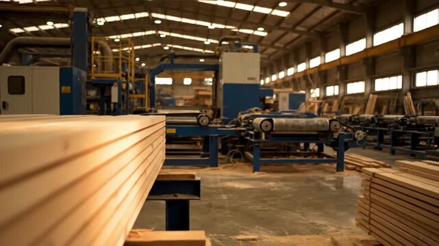 Wood planks stacked on top of each other in a lumber factory with industrial machinery in the background with manufacturing and woodworking and industry
