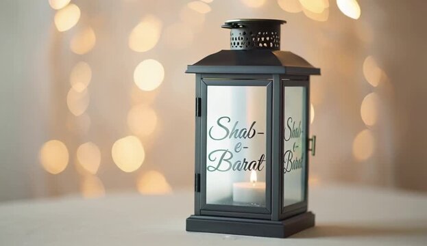 Hanging lantern with Shab-e-Barat Mubarak 3D text. Islamic festival greeting background., created with generative ai