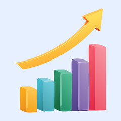 Illustration of an ascending arrow over bar charts for financial progress and successful company revenue trends