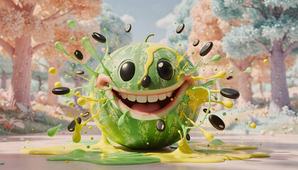 Surreal watermelon smiling with exaggerated seeds exploding into neon paint