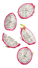 Floating Sliced White Dragon Fruit Pieces Isolated on Transparent Background