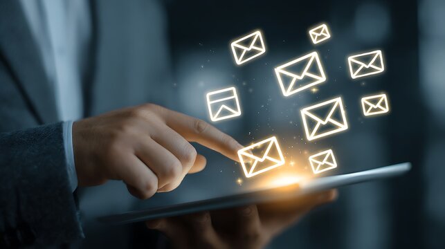 A person in a suit uses a tablet with glowing email icons hovering around. Focus on technology - Powered by Adobe
