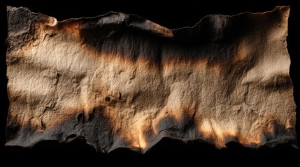 Close up of burnt paper edge with glowing embers and dark char on black background burning fire