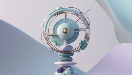 A surreal 3D rendering of a blue and purple abstract sculpture with a central sphere and wireframe design