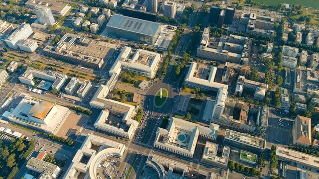 Rome, Italy. Piazza Guglielmo Marconi. District EUR - Quarter is a vast complex of buildings built on the orders of dictator Benito Mussolini. Drone footage, Point of interest