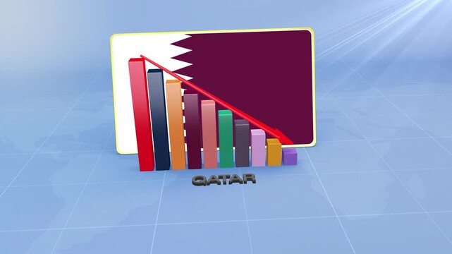 Qatar Flag on 3D Bar Graph with Downward Red Arrow Economic Crisis Concept