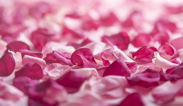 Romantic low-angle shot of delicate pink rose petals covered in sparkling dew drops, captured with shallow focus and warm golden light in an outdoor garden setting., created with generative ai