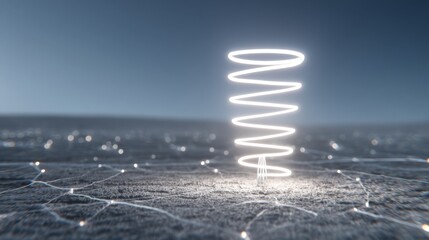 Obraz premium Ethereal Spiral Light Structure Rising from Ground in Futuristic Landscape with Soft Lighting and Abstract Background