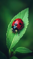 Naklejka premium Ladybug Crawling on Green Leaf in Macro Photography
