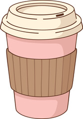 Hand Drawn Minimalist Pink Takeaway Coffee Cup Illustration with Brown Paper Sleeve for Cozy Cafe Decor
