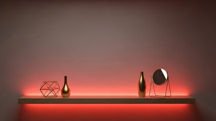 Modern Decorative Objects on Shelf with Neon Light.
