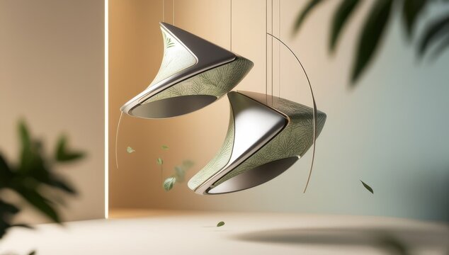 A modern, minimalist, and futuristic air purifier hanging from the ceiling with a sleek design and green leaves in the background - Powered by Adobe