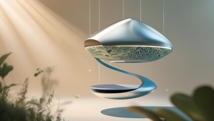 A futuristic silver pendant light fixture suspended from the ceiling with a unique wavy design and natural ambiance