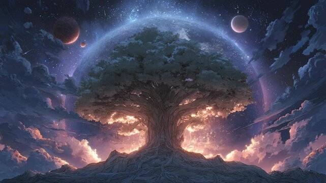 Majestic cosmic tree with glowing roots under a starry night sky