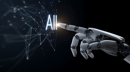 A robotic hand pointing towards glowing "AI" text, connected to a neural network, against black background
