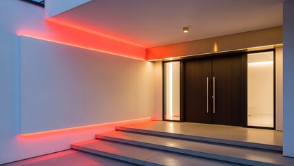 Modern Entrance Hall with Neon Lighting and Steps.