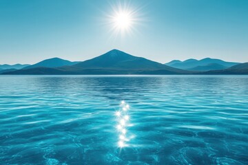 Sunlit Calm Waters Reflecting Mountains Under Blue Sky
